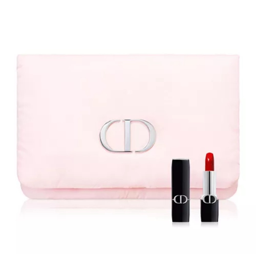 Dior Soft Pink Pouch with Bold Red Lipstick